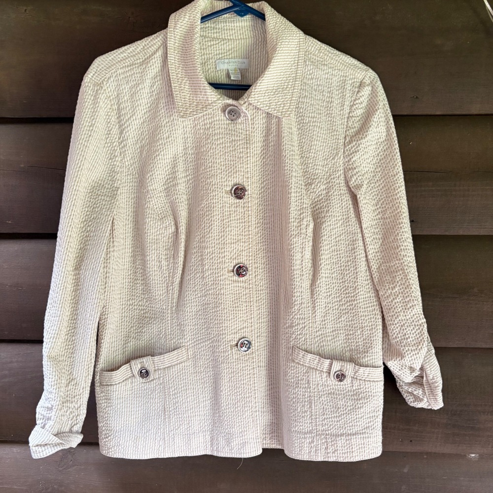 Charter Club Petite XL Seersucker Jacket Tan White Striped Button Front Blazer